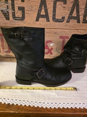 Frye Black Leather Buckle Boots